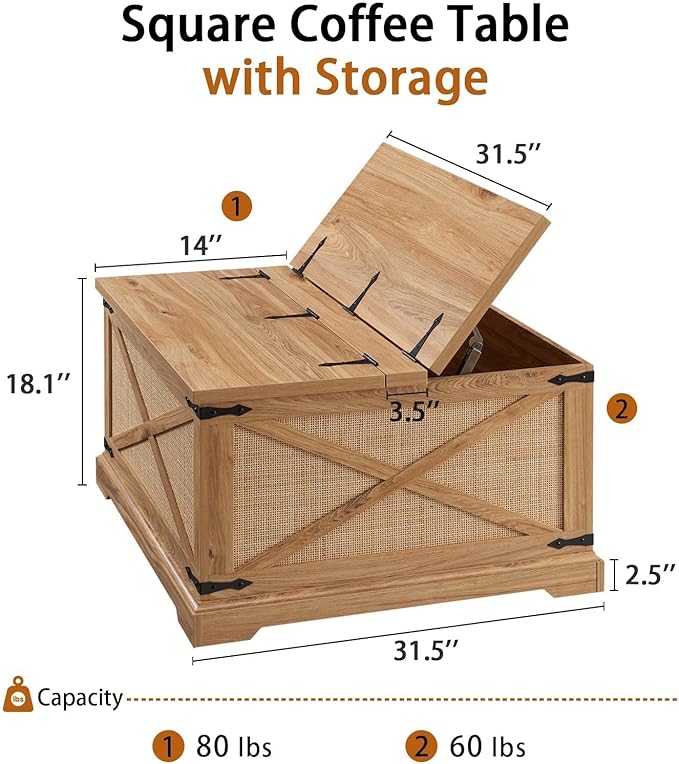 Farmhouse Square Coffee Table with Storage, Wood Center Table with Hinged Lift Top, Rustic Cocktail Table with Large Hidden Storage Compartment for Living Room, Bedroom,Natural,Rattan