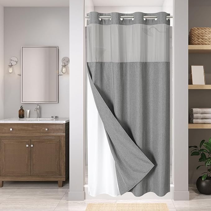 Stall No Hooks Needed Linen Textured Shower Curtain with Snap-in Fabric Liner Set,Hotel Luxury Decor Farmhouse Shower Curtains for Bathroom,Waterproof & Washable,54Wx80H,Grey/Gray