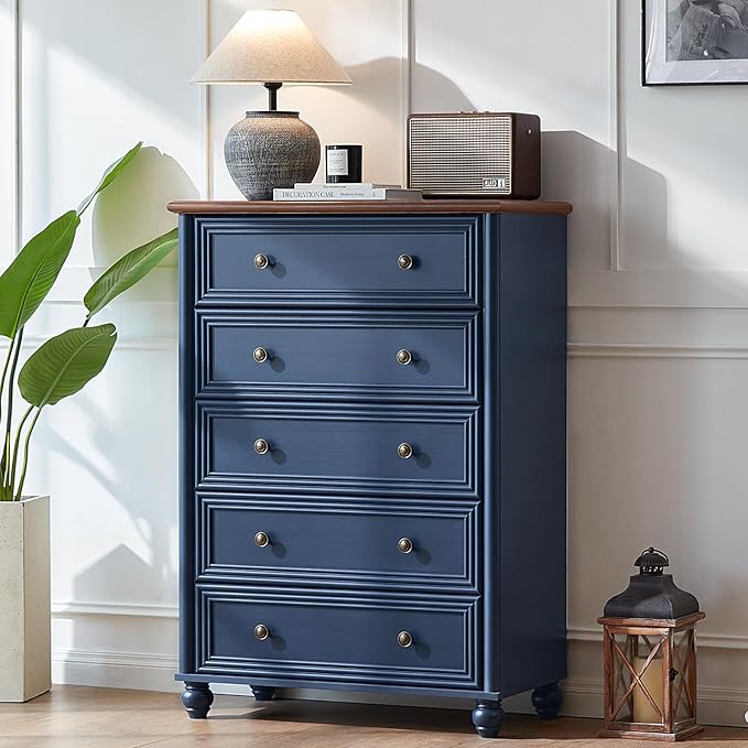 Farmhouse 5 Drawers Dresser for Bedroom, Wood 45" Tall Chest of Drawers, Dresser Rustic Storage Dressers Organizer with Metal Handle Closet for Living Room, Hallway Entryway