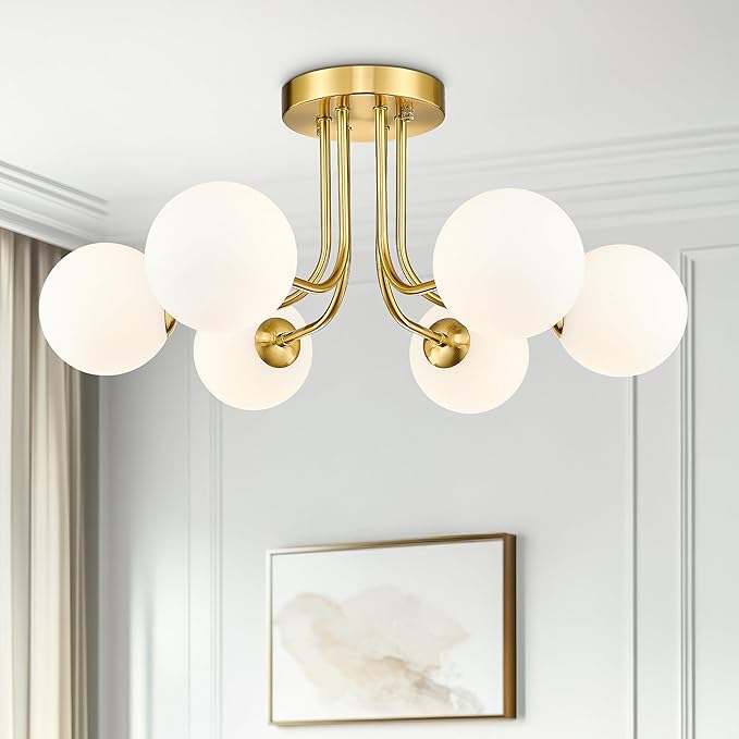 Gold Flush Mount Ceiling Light in Modern Farmhouse Design Features 6 Frosted Glass Shades, Perfect for The Living Room, Bedroom, Or Dining Room. Model:CKCL4845-6W-PG