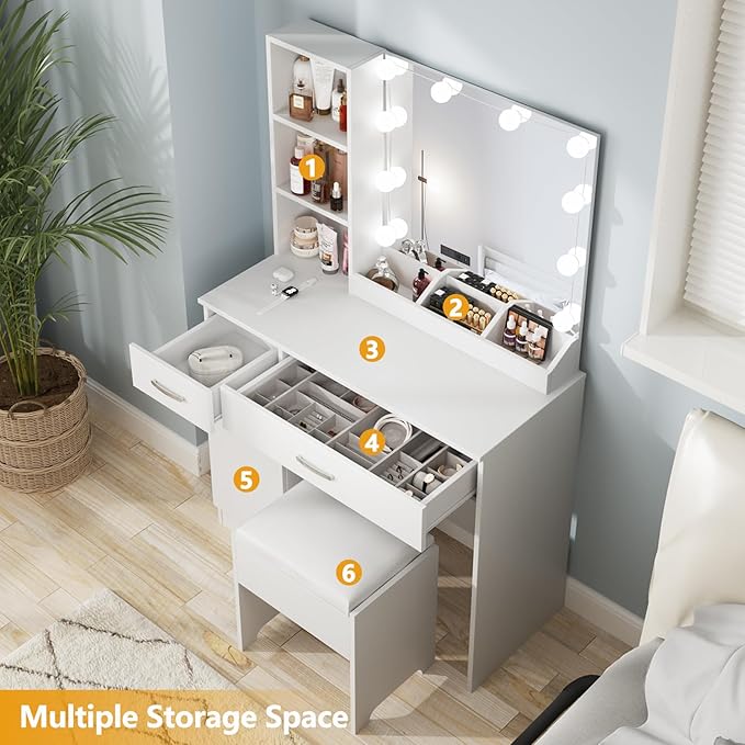 Fameill White Vanity Desk with Mirror and Lights,Makeup Vanity with 2 Drawers Lots Storage,Makeup Table with Lighted Mirror,3 Lighting Colors, Brightness Adjustable,35in(L)