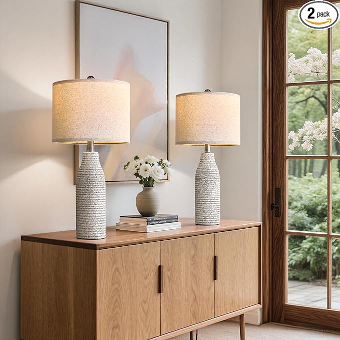25" Ceramic Table Lamps for Living Room, Modern Design Bedside Lamps Set of 2, Nightstand Lamps for Bedroom with Rotary Switch, Gray and White