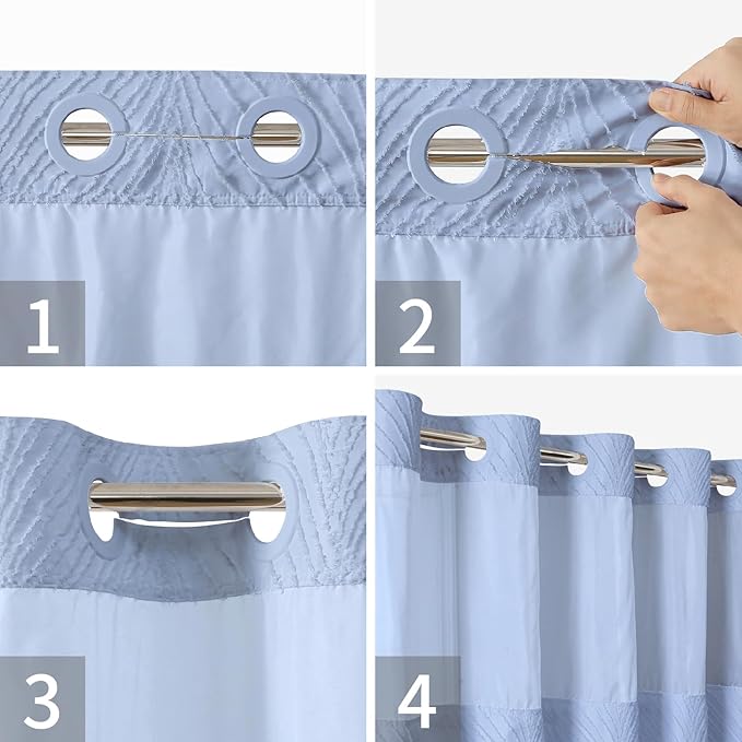 no Hook Shower Curtain and Liner Set，Boho Style with See Through Top Window, Blue Fabric Tufted Striped Textured Outer Curtain & Waterproof Inner Liner, FrostBlue, 71Wx77H