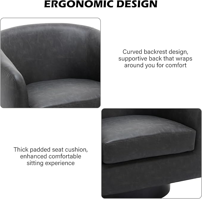 Swivel Barrel Accent Chair, Modern Round Faux Leather Arm Chair for Living Room, Bedroom, Comfy Club Reading Chairs for Adults (Faux Leather, Black Grey, Set of 2)