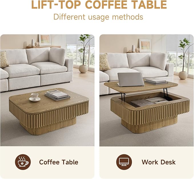 Lift Top Coffee Table for Living Room,Rectangle Handmade Solid Wood Strips, Fluted Coffee Table with Hidden Storage Compartment Small Space Office Apartment (38.6" L×26.8''W×13.8''H-Natural)