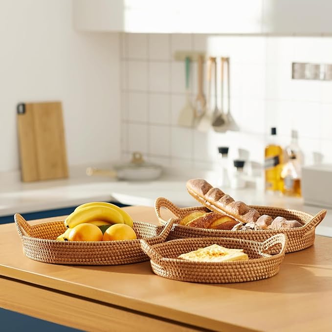 3 Pack Round Rattan Tray, Natural Handwoven Rattan Serving Tray with Mother Pearl Inlay Base, Decorative Boho Coffee Table Trays with Handles, Wicker Organizer for Snacks, Jewelry, Candles, Vanity