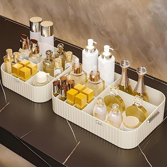 DASITON Large Capacity Makeup Organizer,12 Slots Makeup Brush Holder,Makeup Storage with Handle,Vintage Striped Cosmetic Organizer for Bathroom Countertops,Desk Storage Container(Cream)