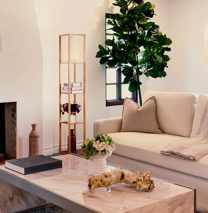 Brightech Maxwell - Modern Shelf Floor Lamp with Lamp Shade and LED Bulb - Corner Display Floor Lamps with Shelves for Living Room, Bedroom and Office - Natural Wood