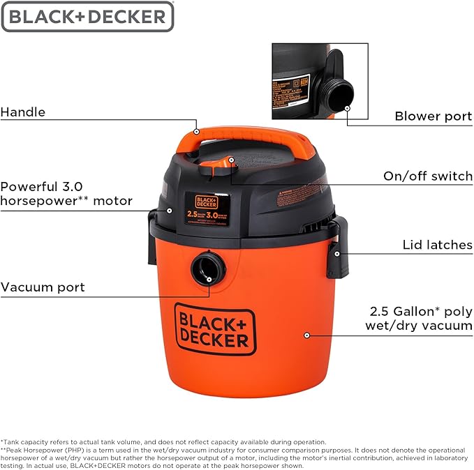 BLACK+DECKER Shop Vacuum Wet and Dry, Mini Shop Vac with Accessories, 2.5 Gallon 3 HP, Small Vacuum for Garage, Home and Pet, 80 CFM, BDXV18134PA