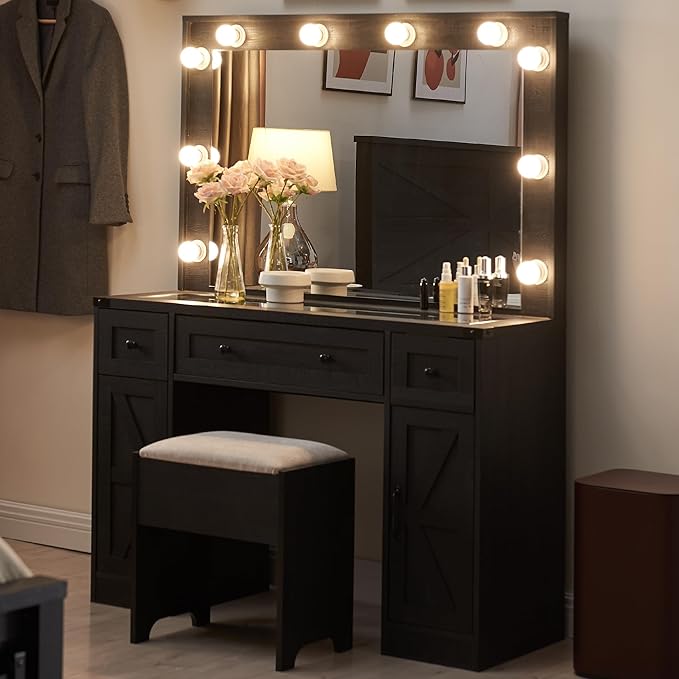 JXQTLINGMU Farmhouse Vanity Desk with Hollywood Makeup Mirror - Ample Storage Space with 3 Drawers & 2 Cabinets - Detachable Light Bulbs, Stool Included, Bedroom, Black