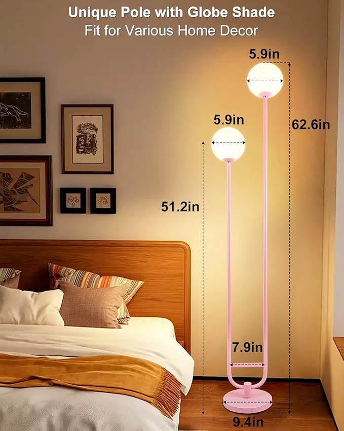 Lightdot 63IN Pink Floor Lamp, Modern Mid Century Globe Standing Lamps with 3000K LED Bulbs Candle Holder Style Unique Vintage Tall Floor Lamp for Living Room/Wedding
