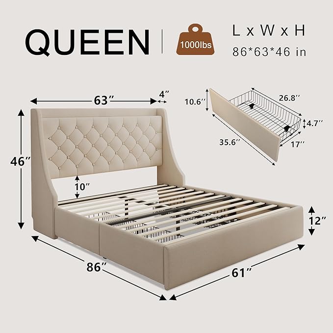 Upholstered Queen Bed Frame with 4 Storage Drawers, Modern Platform Bed with Wingback Headboard, Charging Station, No Box Spring Needed, Beige