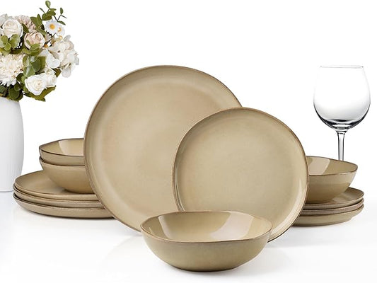 HaWare Dinnerware Sets, 12-Piece Stoneware Plates and Bowls Set, Dish Set for 4, Ceramic Dishware for Home Restaurant, Chip and Scratch Resistant, Microwave and Dishwasher Safe, Reactive Sandy Khaki