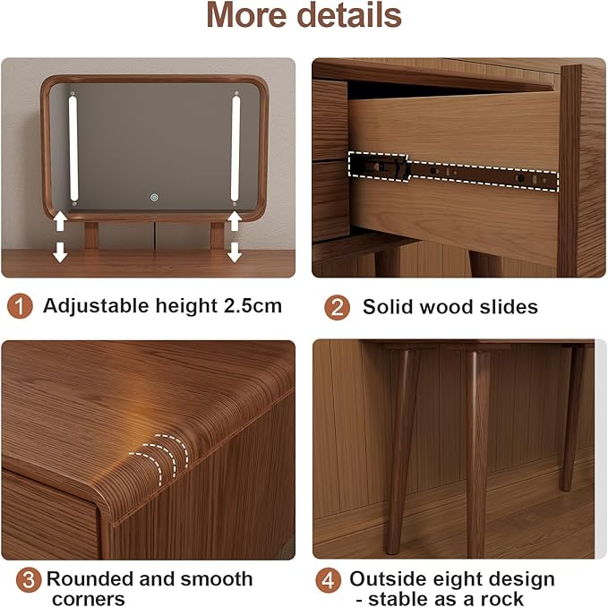 KungFuWood Soild Wood Makeup Vanity Desk with Light Mirror, Dressing Table Wooden 3 LED Lighting Modes Adjustable,3 Drawers Dresser Make up Table Height-Adjustable Mirror, for Bedroom (with Adapter)