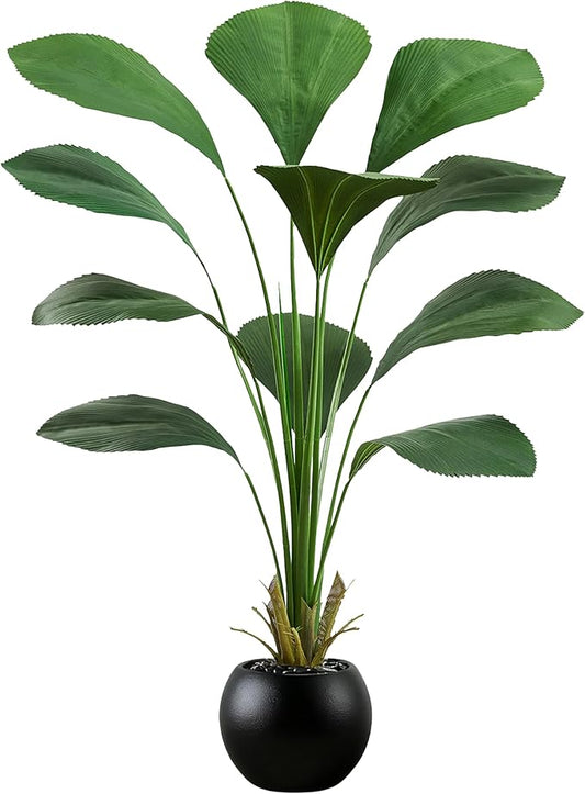Artificial Sumatra Palm Tree: 5FT Fake Licuala Fan Palm Tree Faux Tropical Plant Realistic Tall Floor Plant in Black Egg-Shaped Pot for Home Living Room Office Decor Patio Hotel Indoor Outdoor