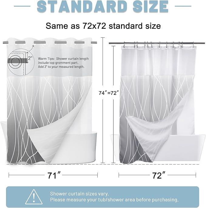 No Hook Ombre Grey Striped Shower Curtain with Snap in Liner Set - Hotel Shower Curtain and Liner Set with See Through Mesh Top Window,Machine Washable, 71x74 INCH