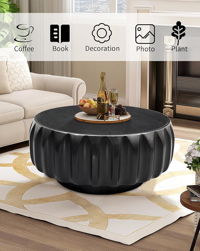 31.5" Drum Coffee Table Modern Unique Fluted Tea Table Contemporary Wood Round Coffee Table with Fluted Centry Table for Living Room Black