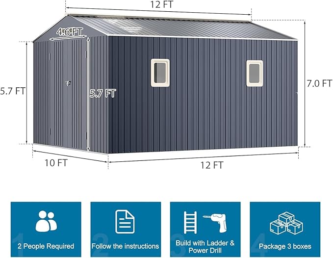 Restland 10x12 FT Outdoor Storage Shed with Floor Base Frame Metal Garden Shed with Clear Roof, Air Vent & Lockable Door Large Tool Storage House for Backyard, Garden, Lawn