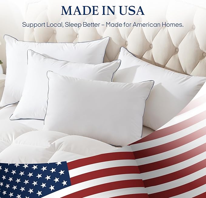 puredown® Goose Feathers and Polyester Fiber Pillows - Made in USA Bed Pillow, 100% Cotton Cover, Pillow Standard Size Set of 2 for Sleeping, 20x26 Inches