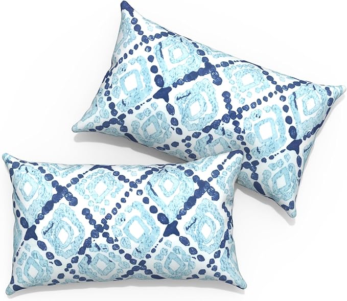 Outdoor Lumbar Pillows 12x20 inch, Rectangle Throw Pillows with Inserts, Decorative Lumbar Cushions for Patio Furniture Garden Couch Home Sofa Office Chair, Pack of 2, Boho Geometry Blue