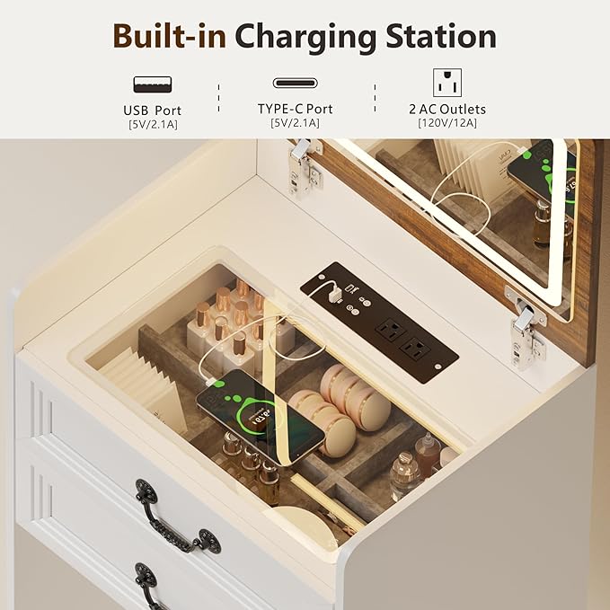 Farmhouse 3 in 1 Vanity with 2 Sockets USB, LED Small Makeup Desk with Flip Top Mirror, Compact Vanity with Glass Desktop, Storage and Cushioned Stool with Wheels,3 Drawers, for Bedroom White