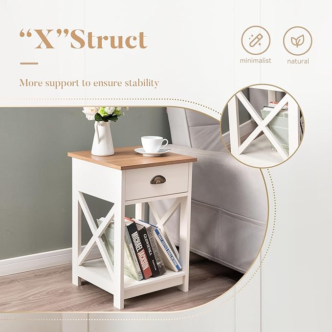 ALPHA HOME Side Table with Drawer, Farmhouse End Table Set of 2, Bedside Table Storage Shelf for Small Spaces, Nightstands Set for Living Room, Bed Room(Ivory)