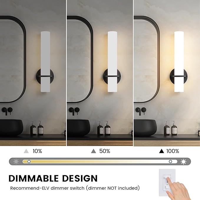 Wall Sconce Light - 15 inch Modern Black Bathroom Light Fixtures Wall Sconces Set of Two Dimmable LED Sconce Lighting, 15W 3000K Wall Light with Acrylic Shade for Bedroom Stairway Living Room