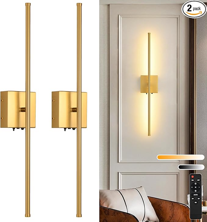 Battery Operated Wall Sconces Set of 2, 11000mAh Wireless Rechargeable Gold Wall Lights with Remote Control, 350°Rotate Dimmable Wall Lamp, 3 Color Temperatures, for Bedroom, Living Room, Hallway