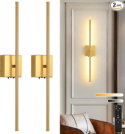 Battery Operated Wall Sconces Set of 2, 11000mAh Wireless Rechargeable Gold Wall Lights with Remote Control, 350°Rotate Dimmable Wall Lamp, 3 Color Temperatures, for Bedroom, Living Room, Hallway