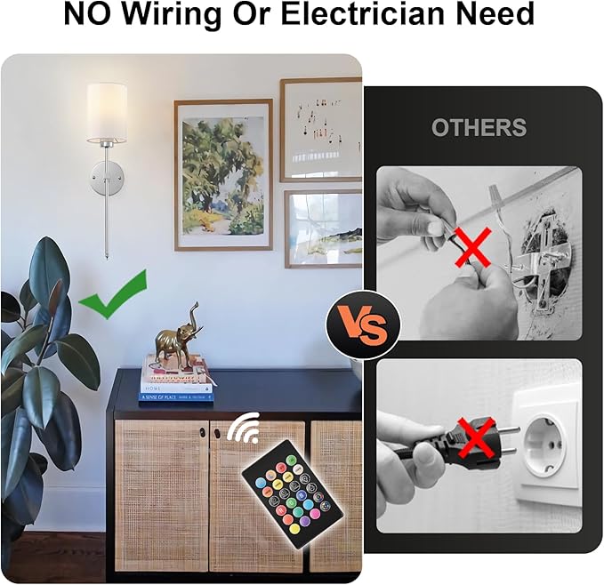 Battery Operated Wall Sconces Set of Two, with Remote Control, Dimmable, 4 Color Temperatures, RGB, Timer, Wireless Rechargeable Wall Light for Living Room, Bedroom, Fireplace, 23.6 Inch, Chrome