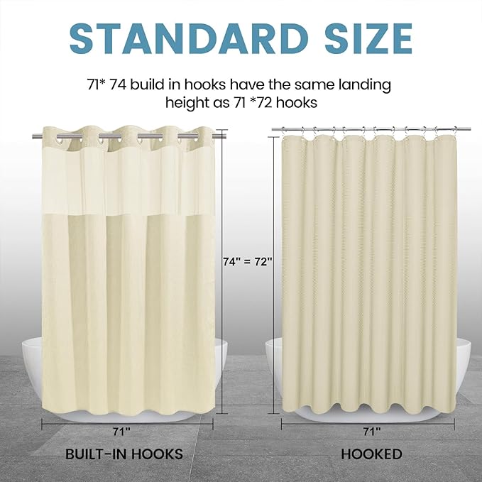 Ivory Hotel Shower Curtain with Detachable Liner - 230GSM Waffle Textured,Hotel Grade,Spa Like Bath Curtain,71W x 74H