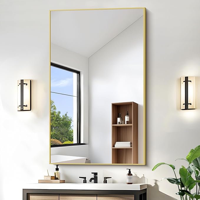 KOCUUY 30x48 Inch Large Gold Wall Mounted Mirror,Aluminum Framed Decorative Rectangular Bathroom Mirror for Wall Over Sink,Vanity Mirror for Bedroom Living Room Bathroom,Functional Oversized Mirror