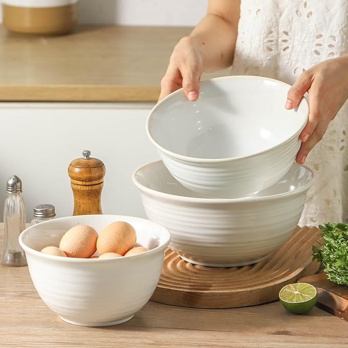 Hasense Mixing Bowls, Ceramic Serving Dishes for Cooking, Baking, Prepping, Nesting Bowls for Salads, Fruit, Popcorn, 2.1/1.5/1.0 Qt, Dishwasher & Microwave Safe, Clay-Infused White