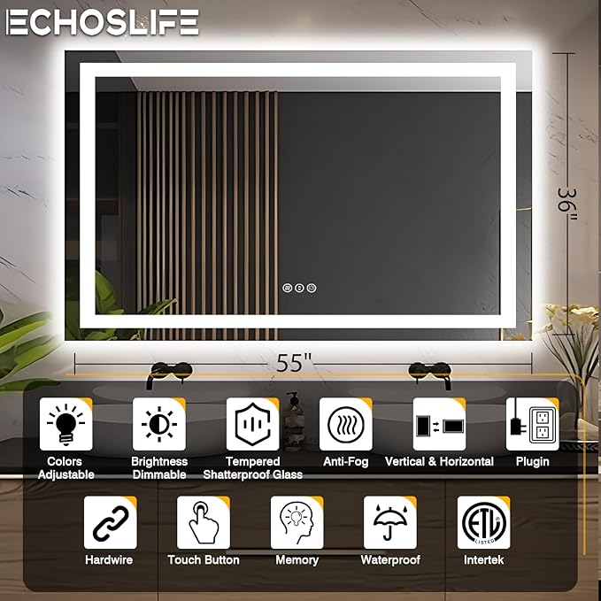 55"x36" LED Bathroom Mirrors for Wall, Front and Backlit Mirror, Anti-Fog Light up Mirror, Stepless Dimmable Lighted Mirror, 3 Colors Smart (Horizontal/Vertical)