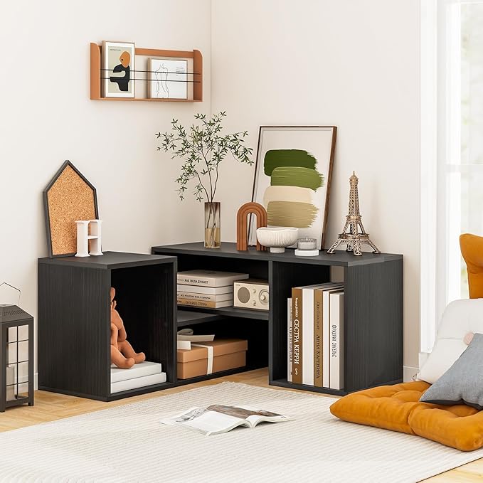 Tangkula 2 Pieces L-Shaped TV Stand, Free-Combination Entertainment Center for TVs up to 55 Inch, Modern TV Media Console Table with 4 Open Cubes, DIY Bookcase Shelf for Living Room (Black, 2 pcs)