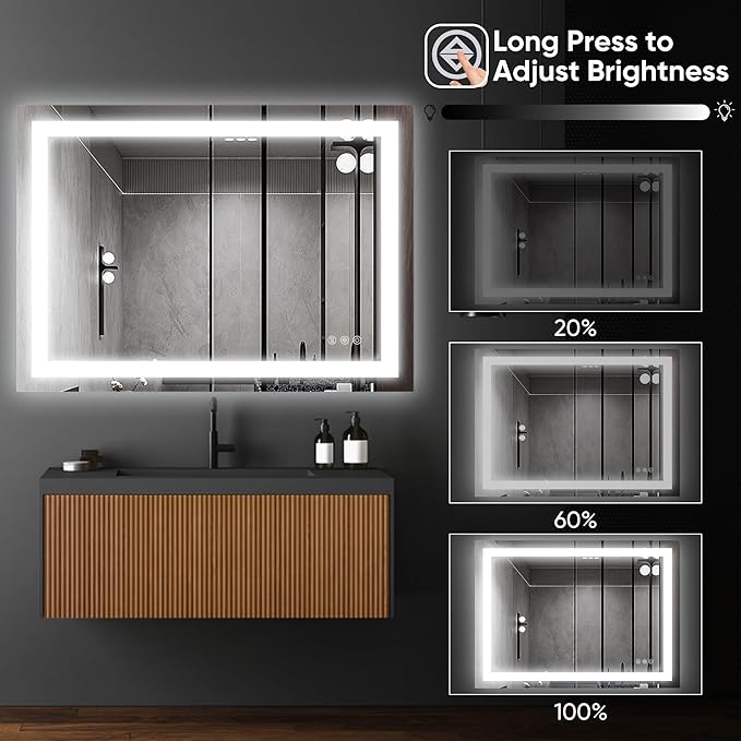 Antok 32"x 48" LED Bathroom Mirror with Lights, Anti-Fog, Dimmable, Lighted Vanity Mirror with Tempered Glass, Memory Function, 3 Light Modes, Safe Use, Horizontal, Vertical