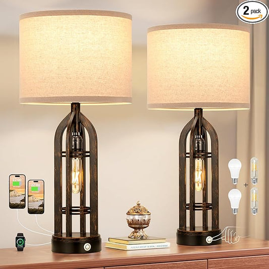 Seealle Table Lamp for Living Room Set of 2 - Copper Bedside Lamp for Bedroom with USB C+A & Outlet, Farmhouse Lamps for Night Stands, 3-Way Dimmable Touch Lamps for Living Room