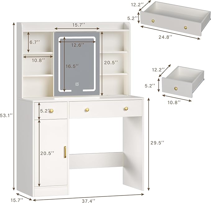 Vanity Desk with Mirror and Lights, 37" Makeup Vanity Desk with LED Lighted Mirror, Power Outlet, White Vanity with Storage Cabinet, 2 Drawers & 6 Shelves for Bedroom