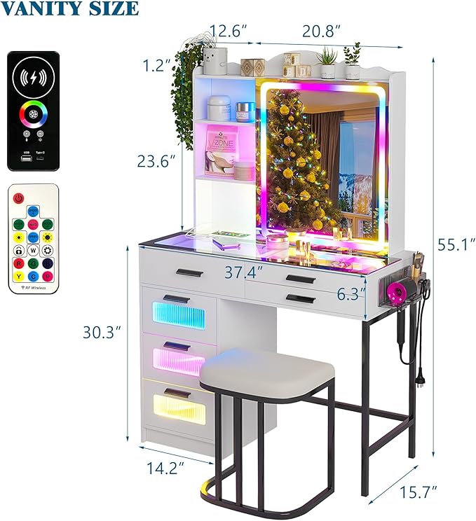 RGB Vanity Desk with Sliding Mirror and Lights, LED Makeup Vanitys with Charging Station, Glass Top Dressing Table Set with Jewelry Organizer,6 Drawers,Stool,Shelves for Bedroom(White)