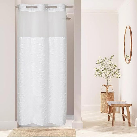 No Hook Boho Farmhouse Shower Curtain with Snap-in Fabric Liner set-36Wx74H(72H),White Tufted Chevron Striped Hotel Grade Cloth Shower Curtains for Bathroom with Window,Water Repellent