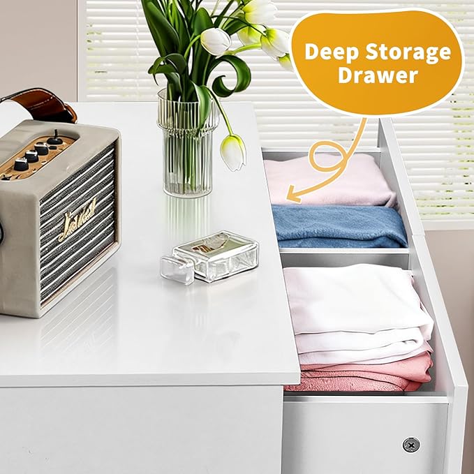 Karl home White 7 Drawer Dresser for Bedroom, Tall Dresser Chest of Drawers, Rustic Wood Bedroom Dressers Clothes Organizer, Anti-Tipping Device, Rose Gold Metal Handle, Living Room, Entryway, Office