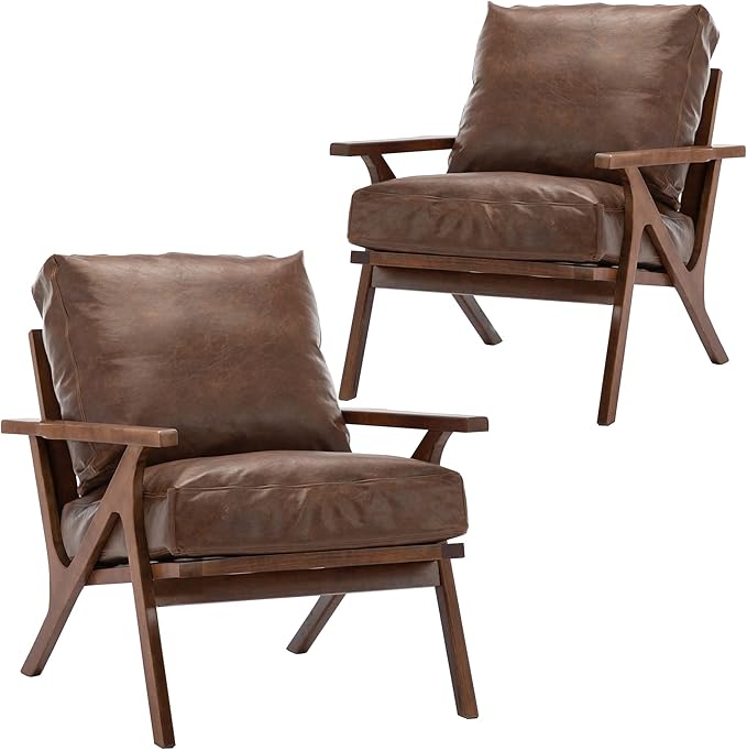 Wahson Brown Leather Accent Chair - Mid Century Modern Retro Upholstered Armchair with Wood Frame and Removable PU Cushions - Large Compfy Leisure Slipper Chair for Living Room/Bedroom (Set of 2)