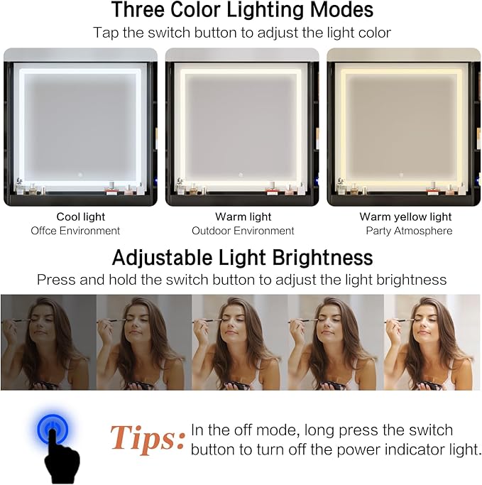 42" Makeup Vanity Desk with Mirror and Lights, & Power Outl, Glass Top Big Vanity Table with 9 Drawers& 8 Storage Shelves, Dressing Table Set with Chair for Bedroom, Black