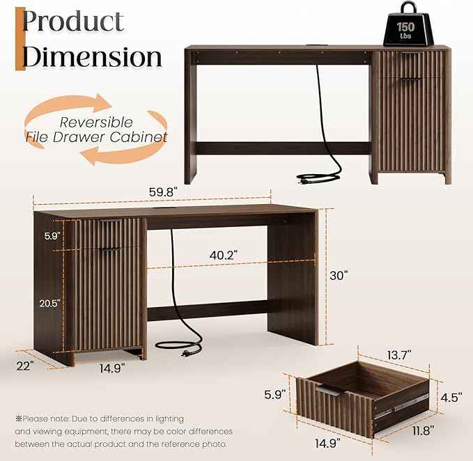 58" Fluted Home Office Desks with Storage, Modern Executive Desk Computer Desk with Drawer & Cabinet, Wood Work Desk for Office, Bedroom, Study, Living Room, Walnut