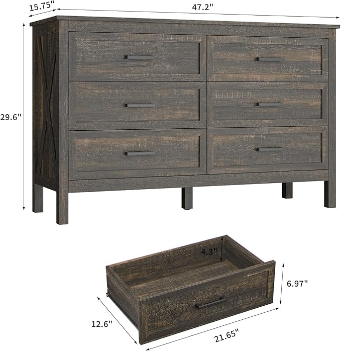 Farmhouse 6 Drawers Dresser for Bedroom, Wood Rustic Wide Chest with Natural Texture, Farmhouse Chest of Drawers for Bedroom, Hallway, Entryway, Dark Brown
