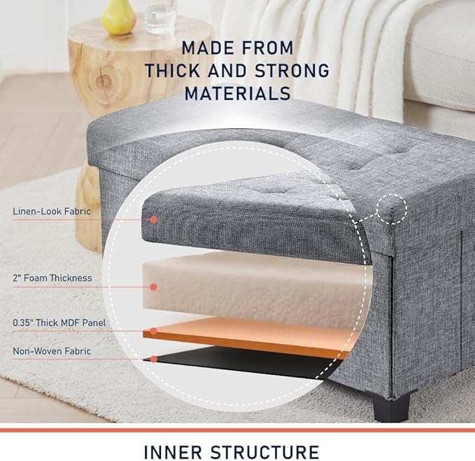 Ornavo Home 30 Inch Storage Ottoman, Large Storage Bench, Ottoman with Storage with Legs, Foot Rest Stool, Bedroom Bench - Gray