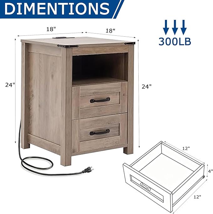 Farmhouse Night Stand Set of 2, Rustic Sierra Nightstand for Bedroom, End Tables with Charging Station, Bedside Table with Drawers, Wood Bedside Cabinet Dresser