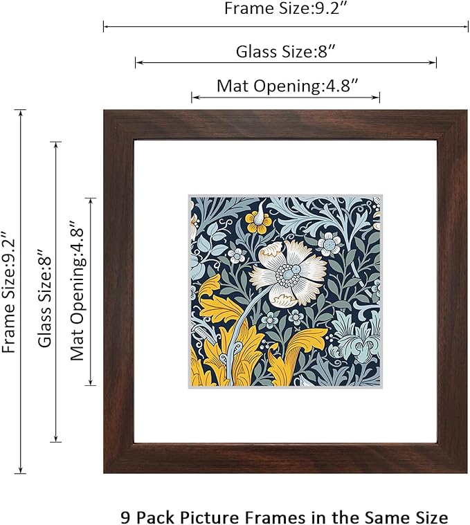 8x8 Picture Frame Set of 9 for Pictures 5x5 with Mat or 8x8 Without Mat, Wall or Tabletop Gallery Photo Frames Walnut