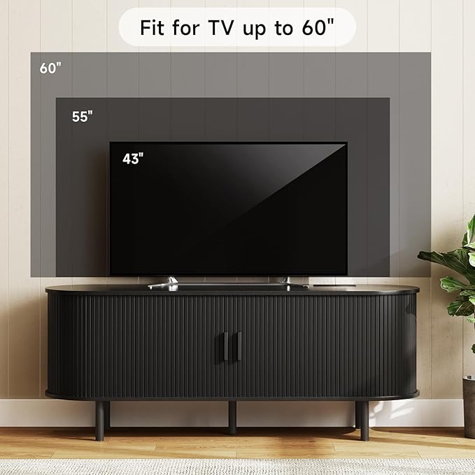 55" TV Stand with Power Outlet for TVs up to 60 Inch, Entertainment Center with Storage and Adjustable Shelves, Modern Media Console with Sliding Doors for Living Room, Black