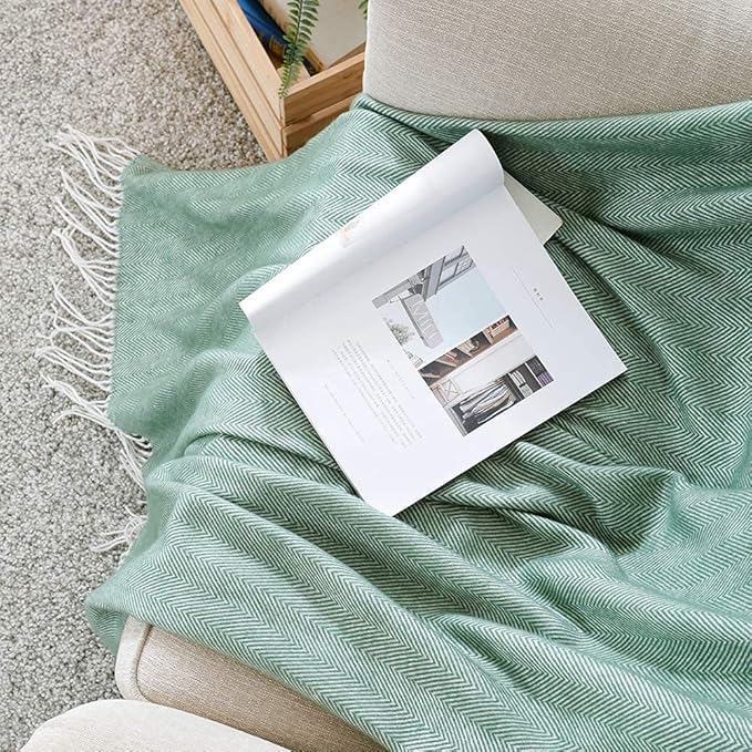 BOURINA Herringbone Tone Throw Blanket Faux Cashmere Fringe Soft Lightweight Cozy for Bed Couch Decorative Throws Blanket, Green, 50" x 60"